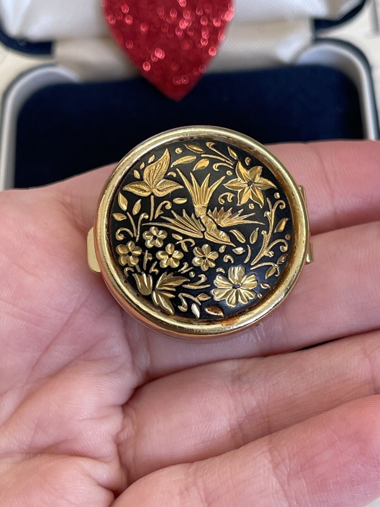 Vintage 1950s-1960s Gold Floral Bird Pill Box Rare Collectible