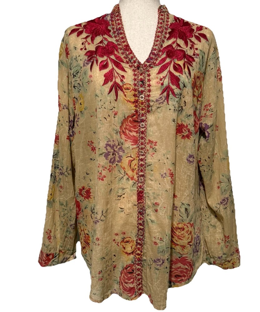 Vintage Goa Floral Embroidered Button Down Tunic Top Womens Medium Boho Hippie