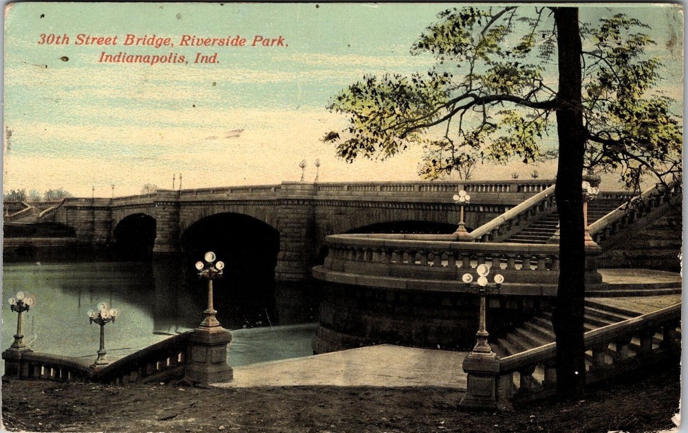 Indianapolis IN-Indiana Riverside Park Stone Bridge & Stairs Vintage Postcard