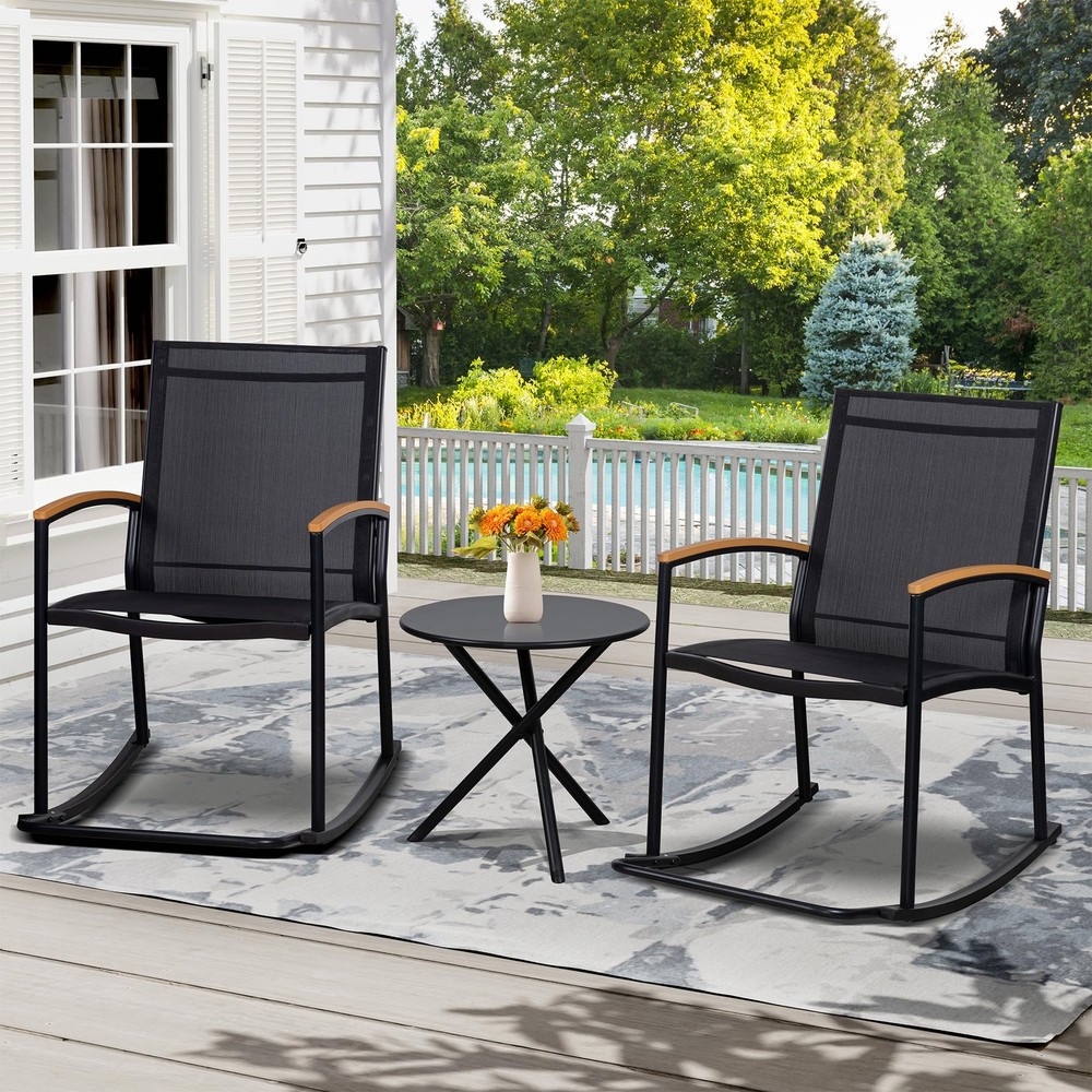 3 Piece Outdoor Rocking Bistro Chairs And Table Small Patio Porch Furniture Set