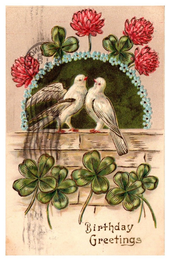 1908 Two Doves & Four-Leaf Clover Birthday Greetings Vintage Postcard