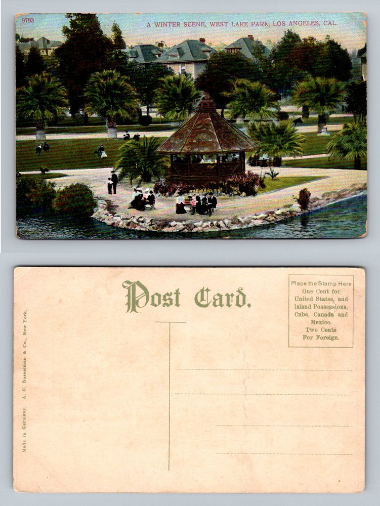 Los Angeles, CA-California, Westlake Park Winter Scene Pavilion Vintage Postcard
