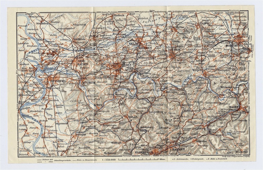 1925 VINTAGE MAP OF RUHR RUHRGEBIET ESSEN DUISBURG DORTMUND BOCHUM GERMANY