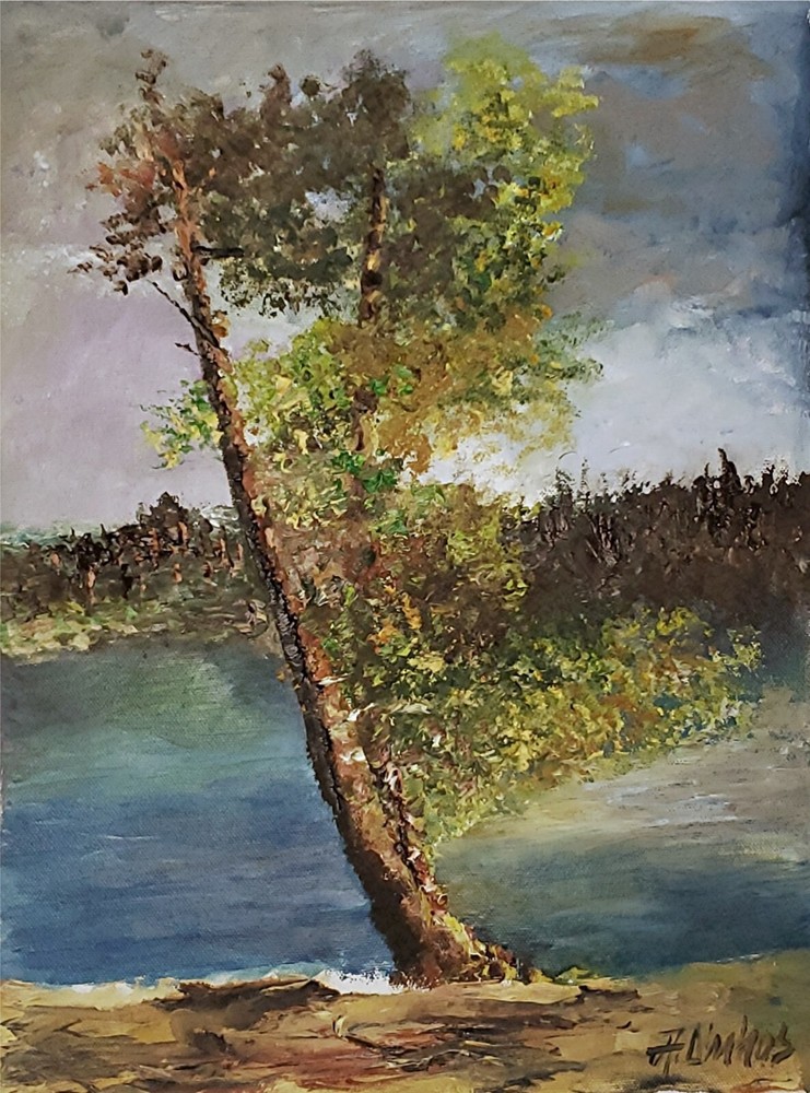ANDRE DLUHOS Landscape Tree Nature Water Shore Seaside Original Art Oil Painting