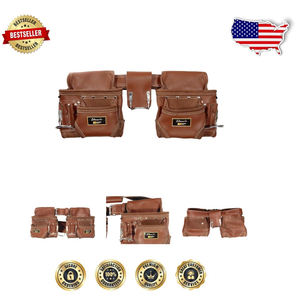 Genuine Adjustable Leather Tool Belt with 10 Pockets and 3 Hammer Holders