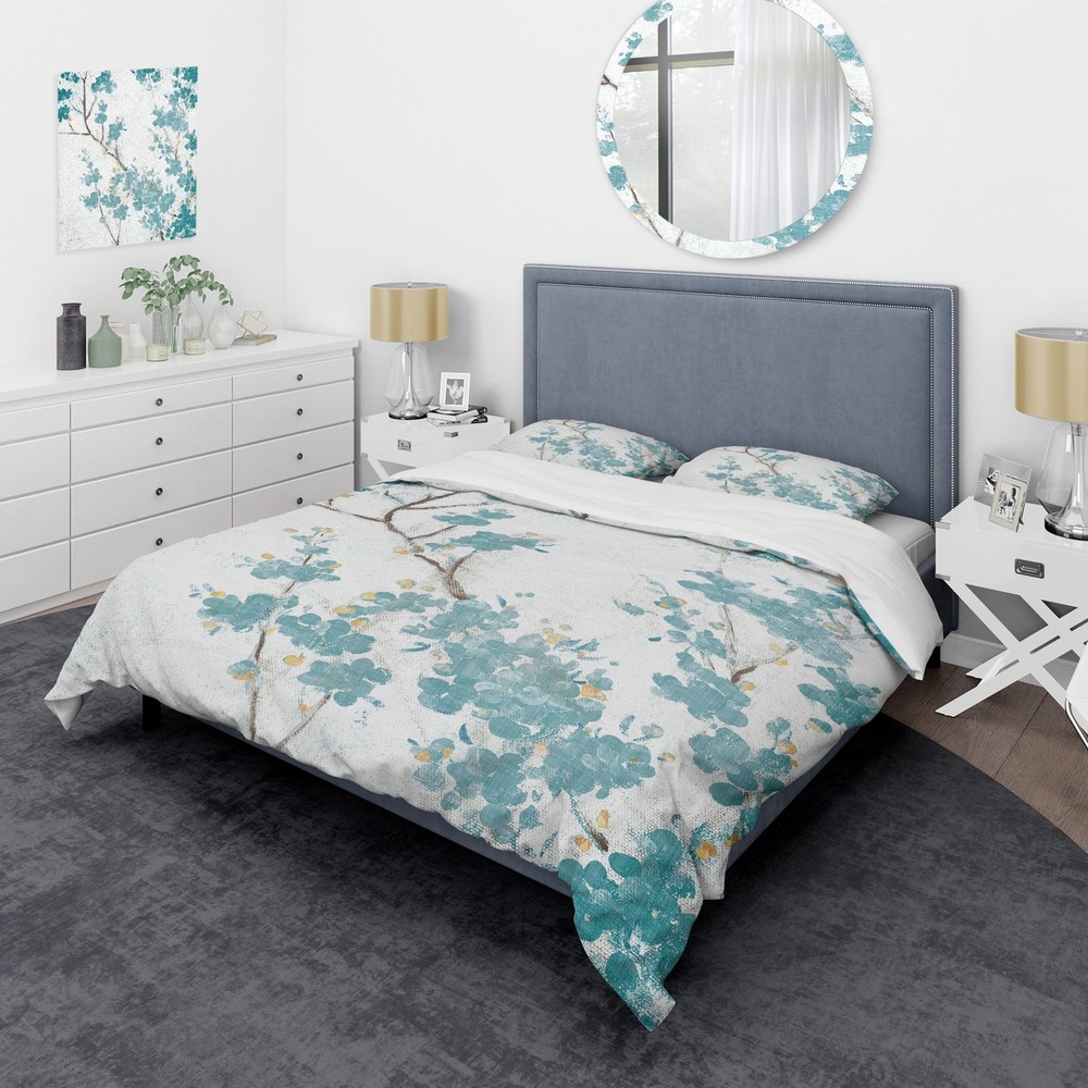 Designart 'Teal Cherry Blossoms II' Farmhouse Bedding Set -