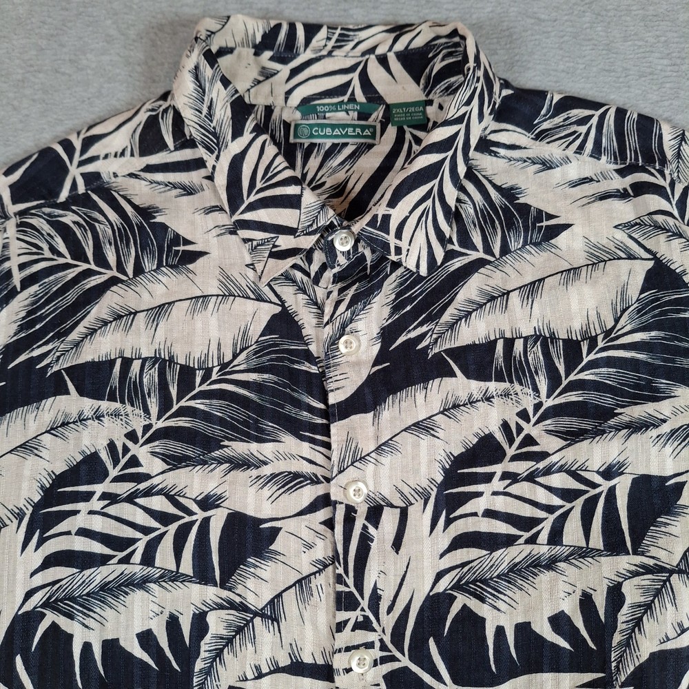 Cubavera Linen Hawaiian Shirt Men 2XLT Blue White Tropical Palm Button Up