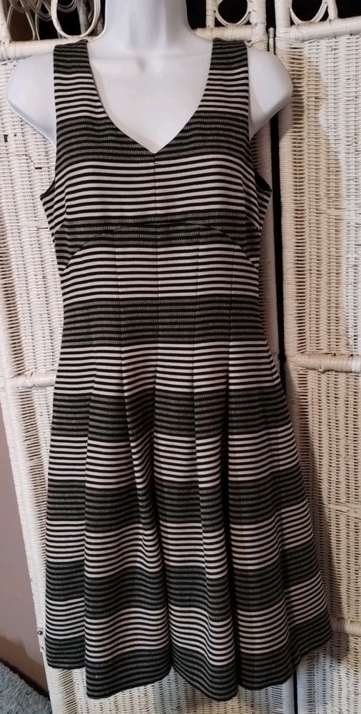 Antonio Melani Sleeveless Sheath Dress Size 4 Womens Gray Striped Pleated V-Neck