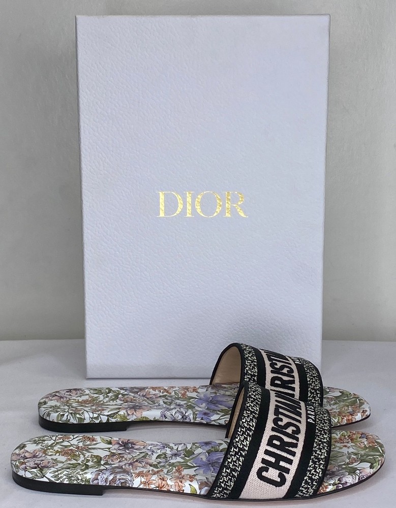 Dior Dway Slide Sandals Size 8.5 Floral Embroidered Cotton Slip-On for Women