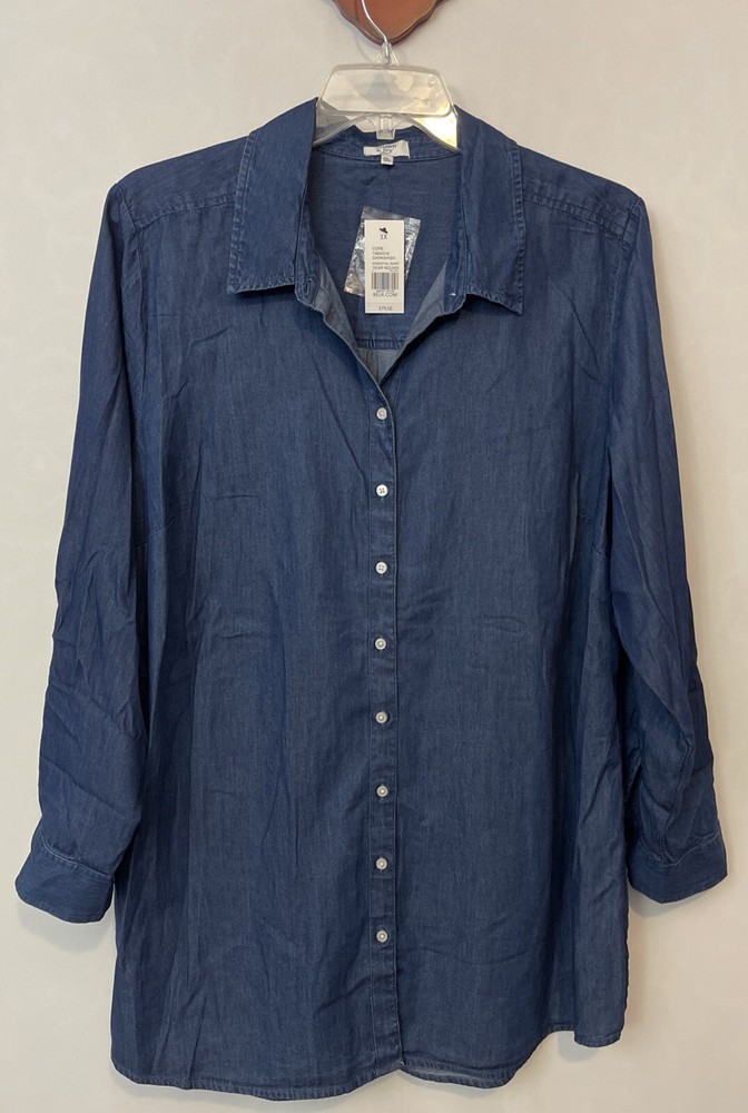 Crown Ivy Curvy Womens 3x Blue Button-Up Essential Denim Collar Shirt NEW! A6792