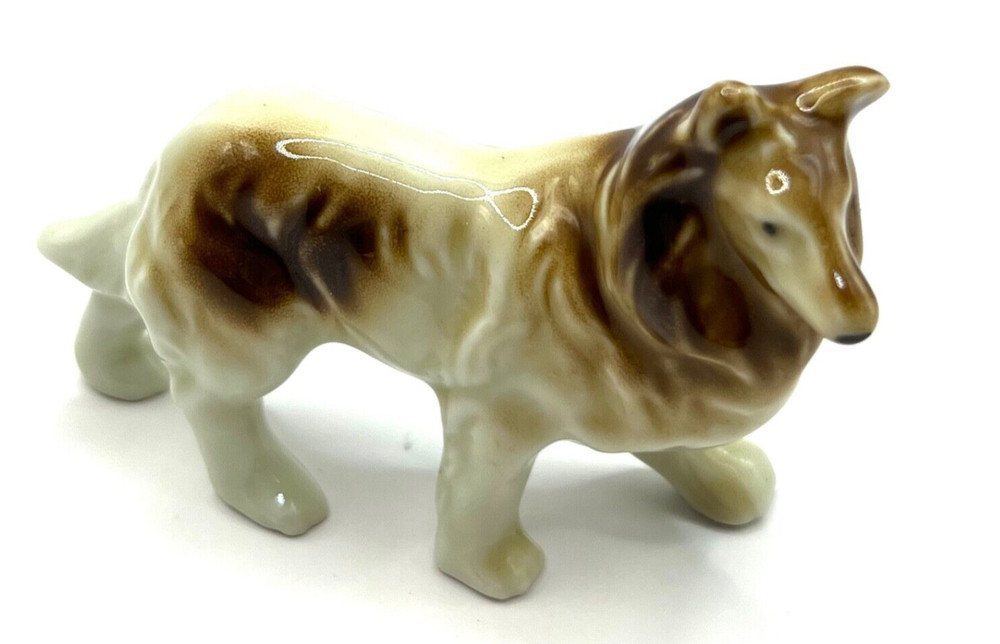Vintage Japan Porcelain Collie Dog Figurine Miniature Ceramic Rough Lassie Brown