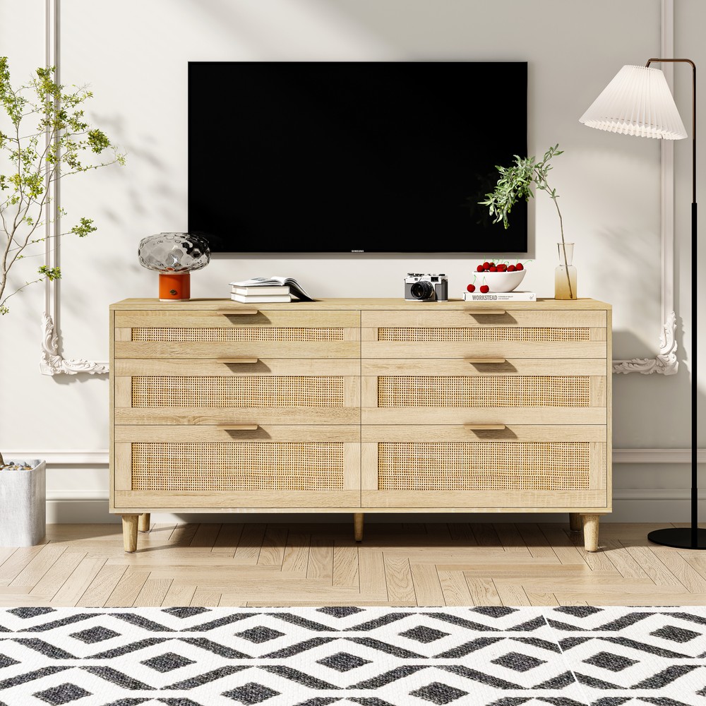 59-Inch Rattan Dresser with 6 Drawers for Bedroom Clothes Storage