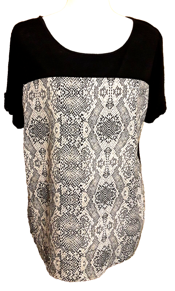 CHRISTOPHER & BANKS Women's Multi Fabric Top Large Blouse Black and print shirt