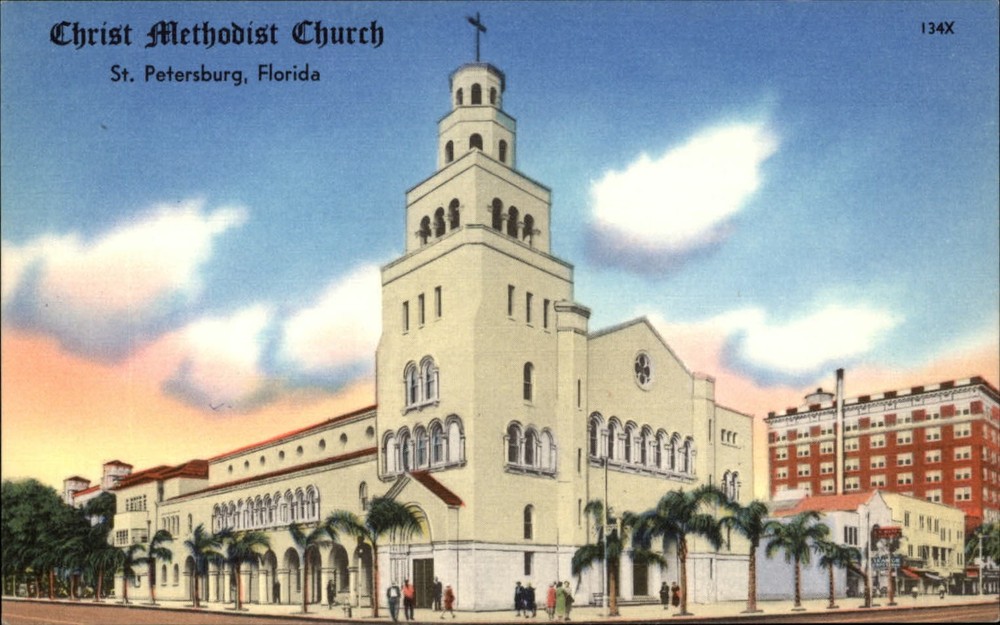 St Petersburg Florida ~ Christ Methodist Church cross ~ 1940s linen postcard