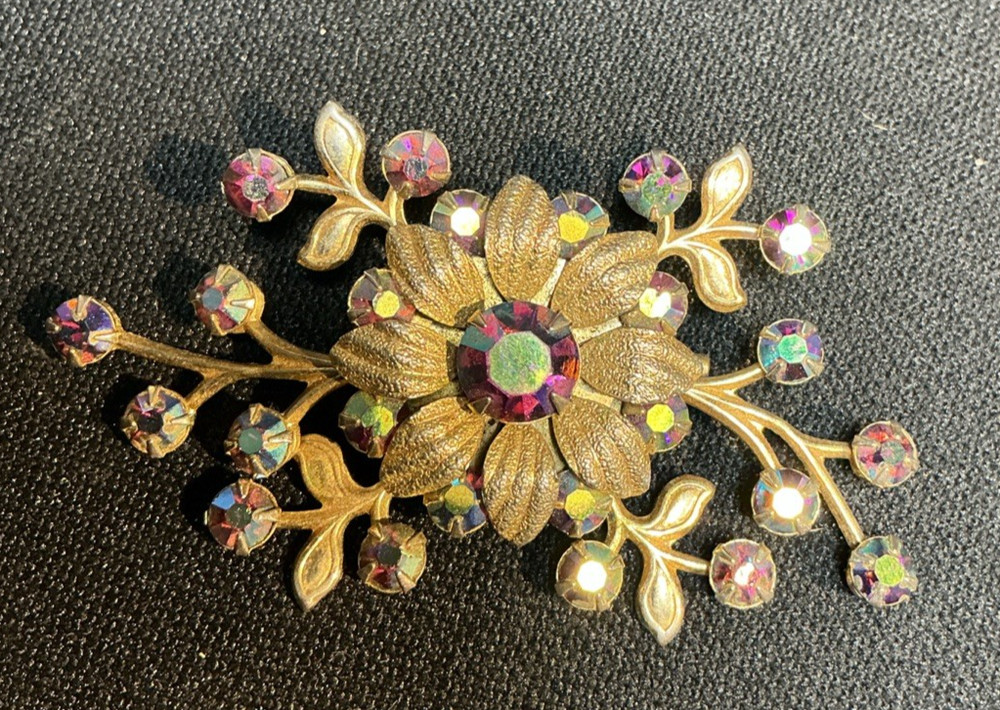 Vintage Judy Lee Gold Tone Flower Brooch AB Rhinestone Crystal Shiny