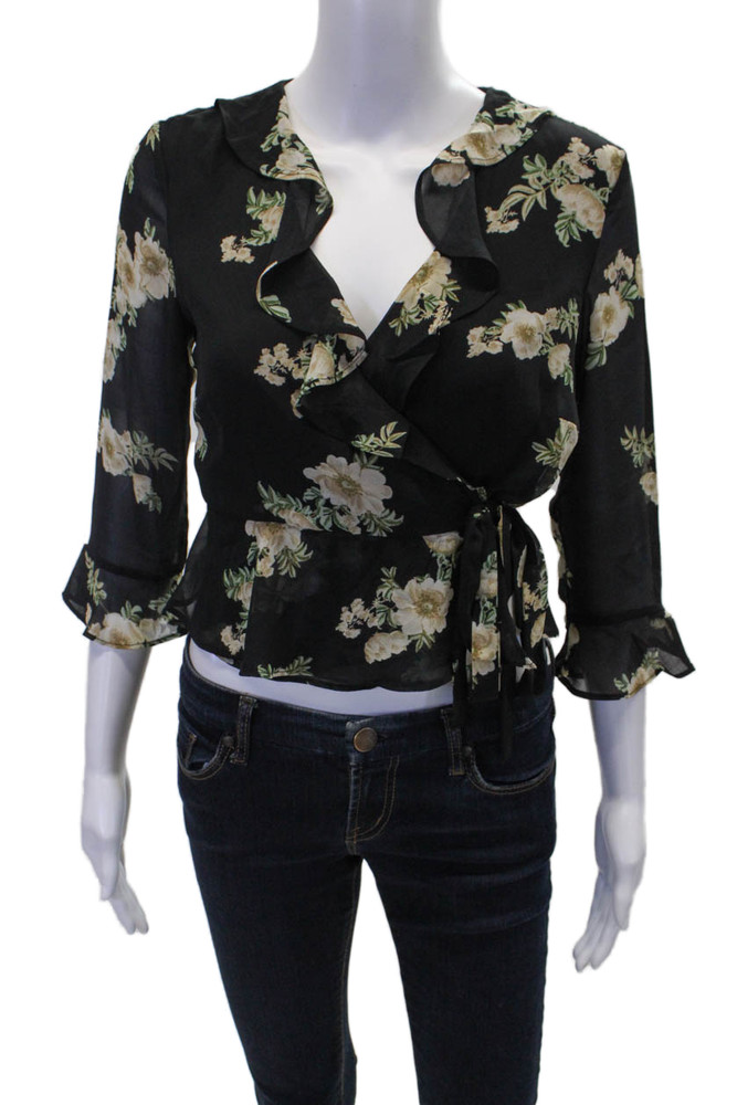 Bardot Womens Floral Print Ruffled V Neck Long Sleeves Wrap Blouse Black Size 4Free Shipping in US $100+ Orders | $6.95 Orders Below