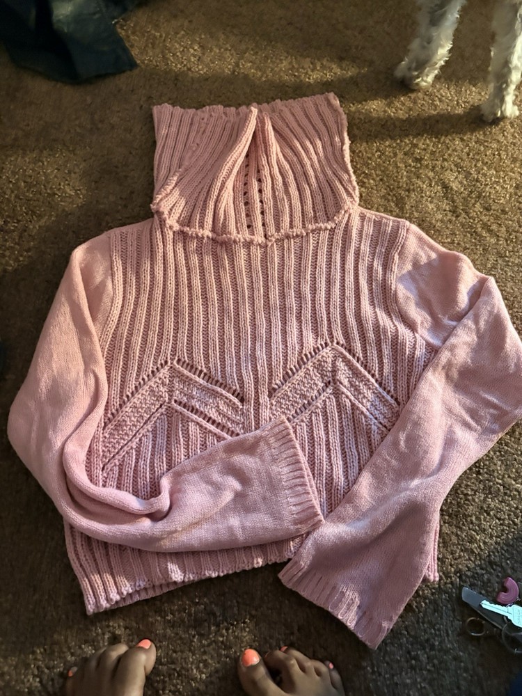 Women's Pink M Cable-Knit Chunky Turtleneck Long Sleeve Pullover Sweater