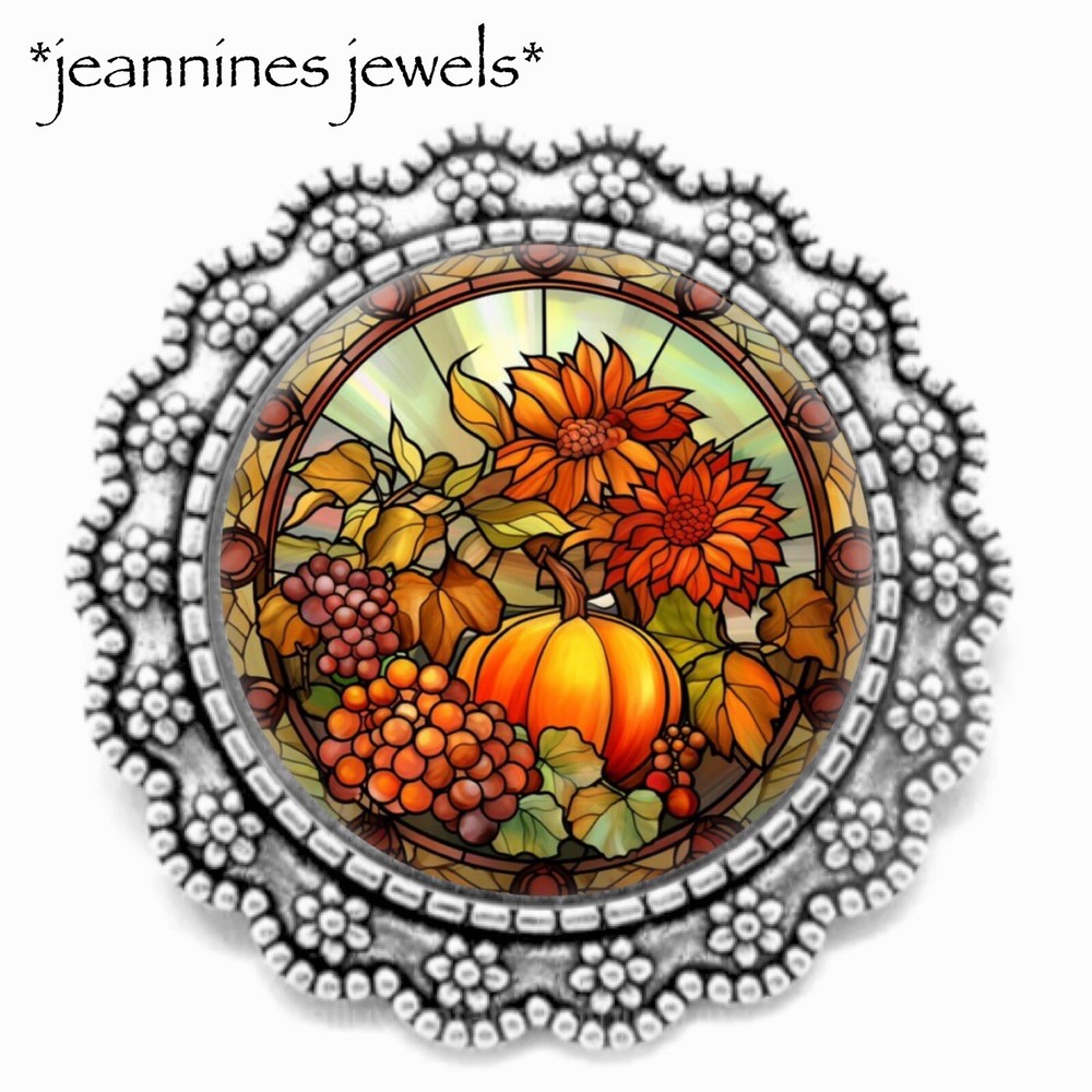Autumn Harvest Flowers BROOCH Faux Stained Glass Art Print Silver Lapel Pin