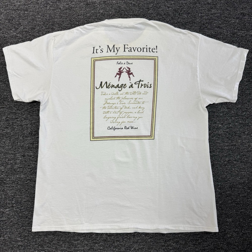 Vintage RARE Menage a Trois California Red Wine White T-Shirt Mens - Size XL