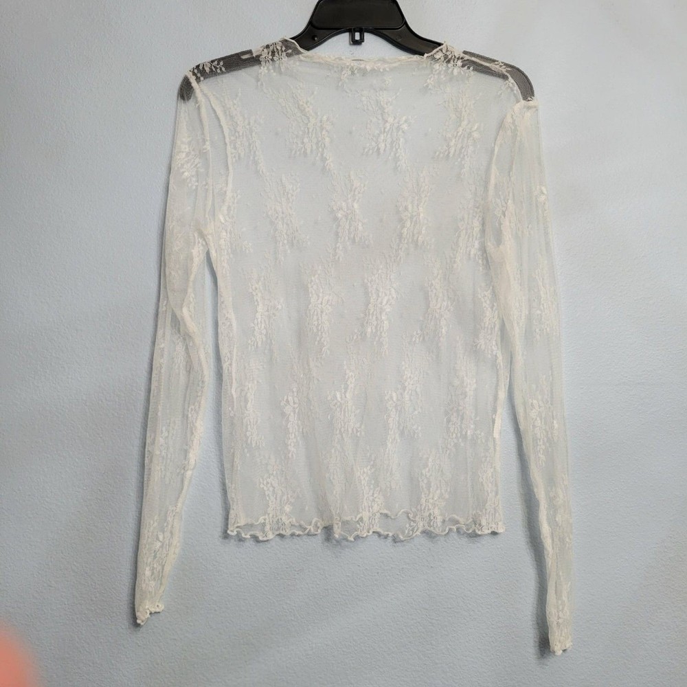 Womens Sheer White Lace Long Sleeve Top Layer Floral Blouse S Coquette Y2K Fairy