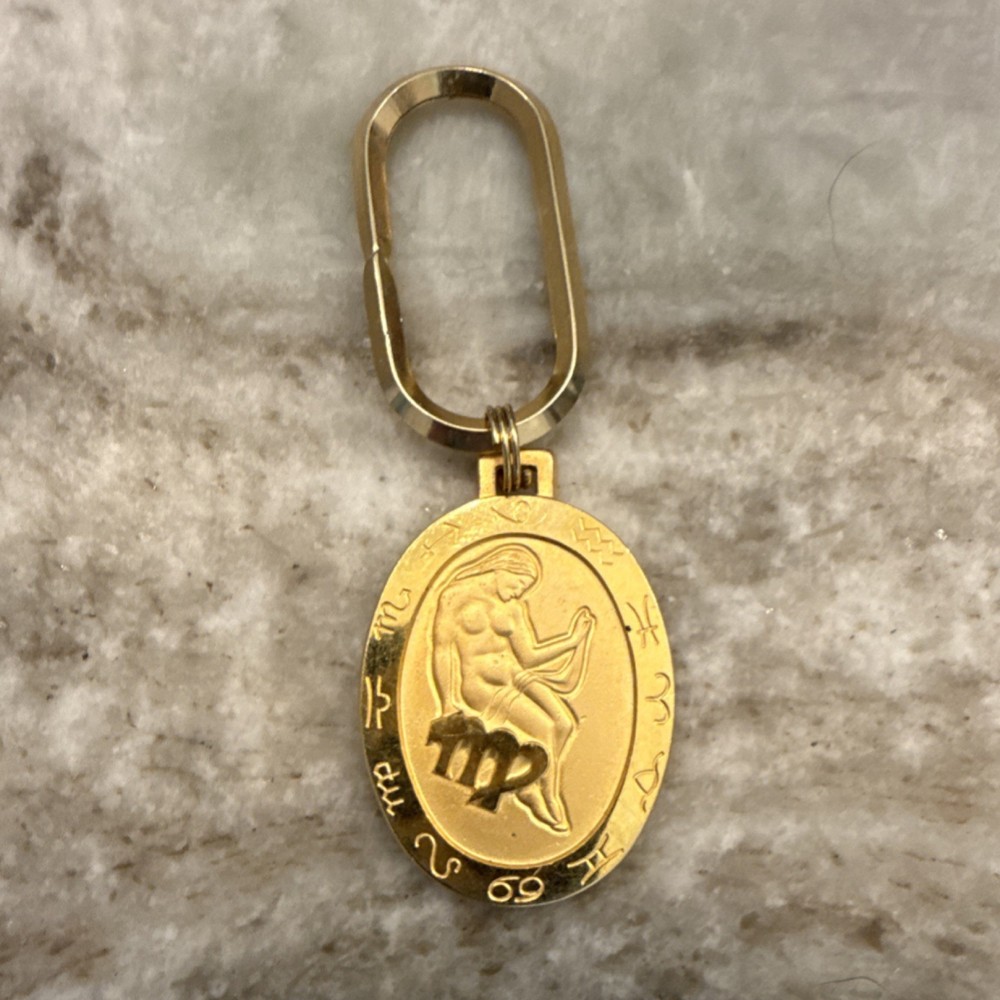 Vintage Virgo Zodiac Engraved Gold Tone Metal Keychain
