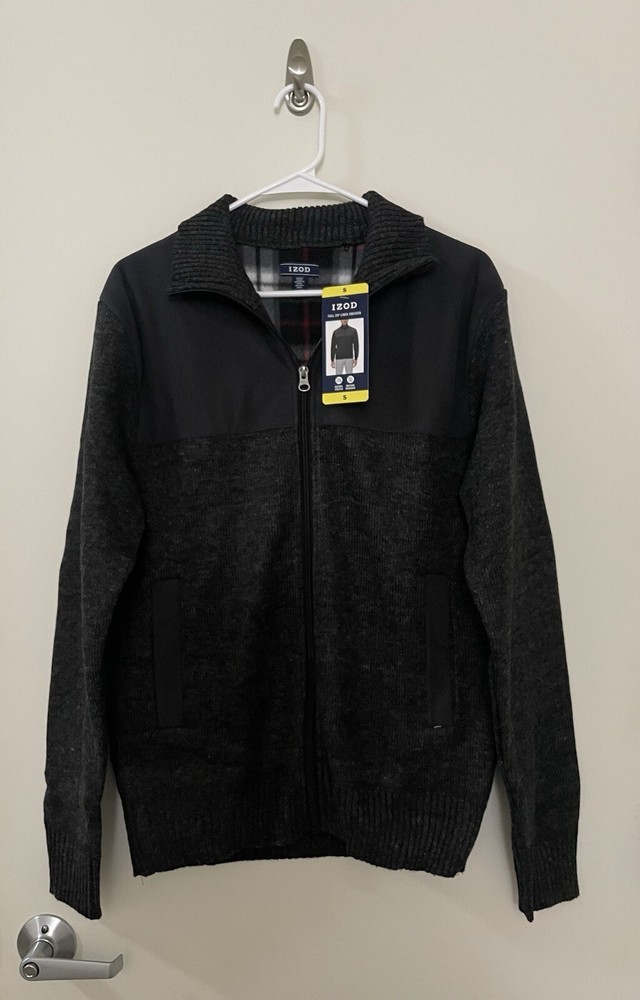 IZOD Men's Full Zip Heavyweight Sweater Corduroy chest pockets, Gray size Small