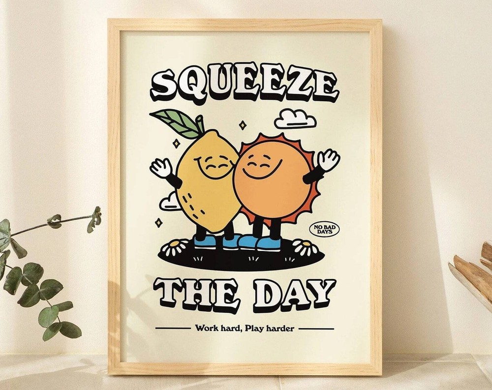 Framed Squeeze The Day Print Retro Positivity Quote Wall Art 70s Art