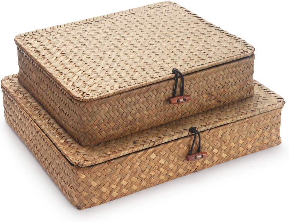 Flat Seagrass Storage Bins with Lid, Wicker Basket for Shelf Organize, Set of 2