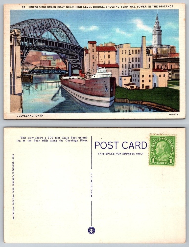 Cleveland OH High Level Bridge Grain Boat Terminal Tower Linen Postcard