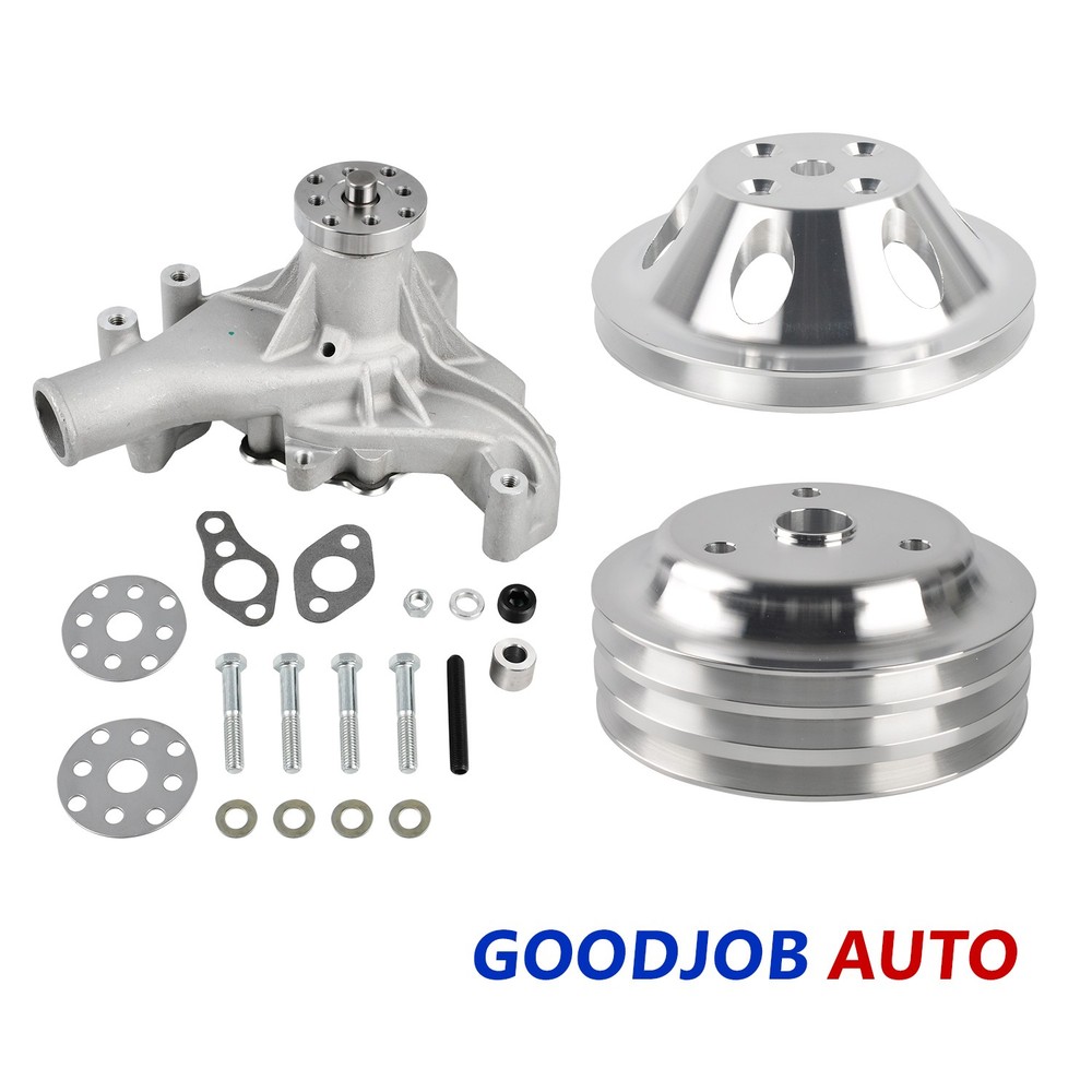 Alum Satin Long Water Pump Small Block Chevy + 1/3 Groove Pulley&Crankshaft Kit