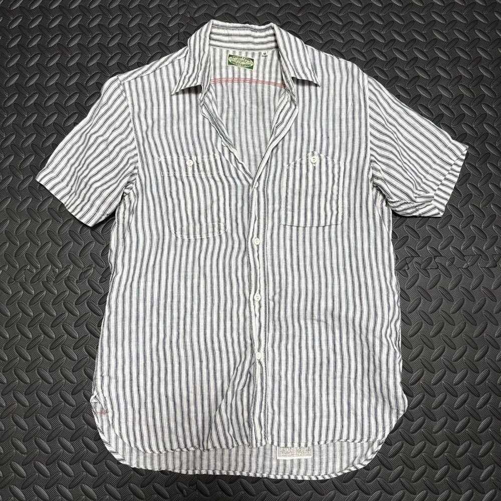 SUGAR CANE Cotton Linen Striped Work Shirt Blue Medium Men Short Sleeve