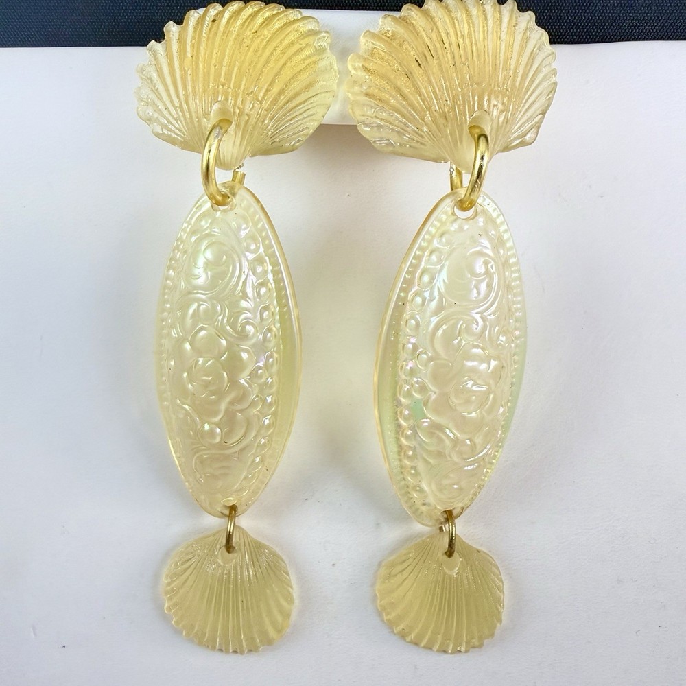 Vintage Long Iridescent Chunky Yellow Acrylic Shell Design Clip on Earrings