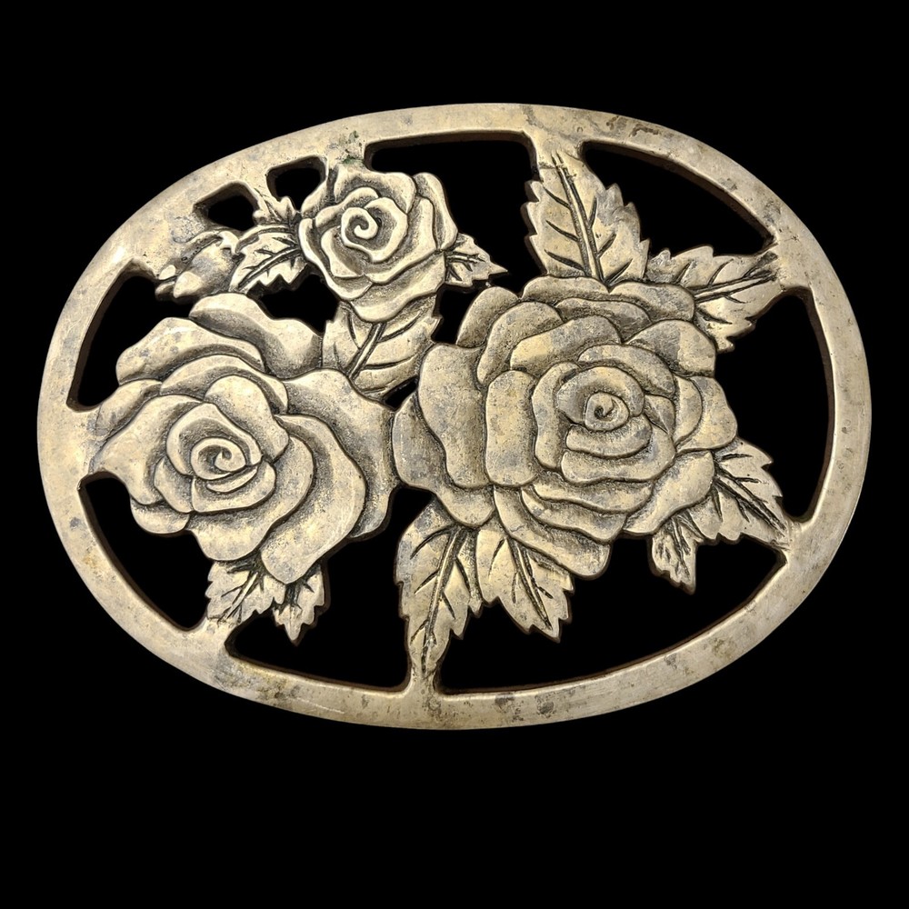 Vintage Solid Brass MCM Rose Garden Roses Footed Oval Trivet