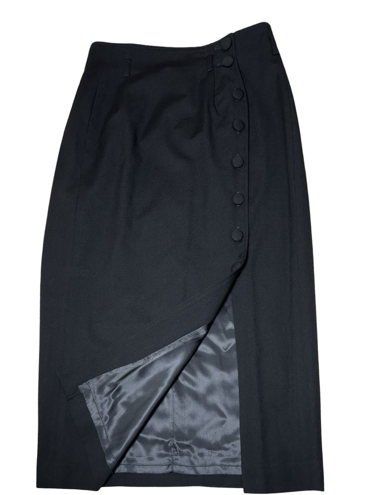 VTG Harve Benard Wool Pencil Straight Skirt Sz 16 Black Belt Loops Midi Buttons