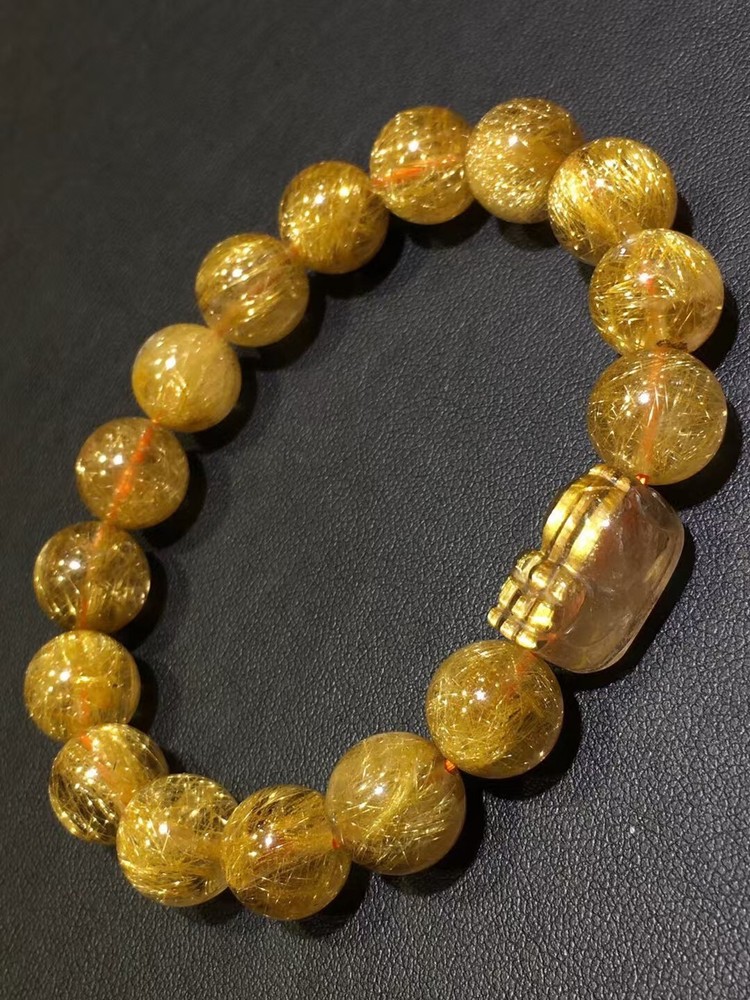 AA+Natural gold Hair Rutilated Quartz Crystal Round Beads Bracelet Healing 11mm
