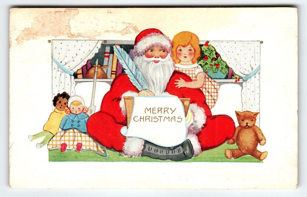 Vintage Christmas Santa Claus Postcard with Children and Toys 1912