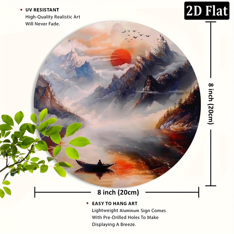 Traditional Chinese Mountain Lake Sunset Landscape Metal Art