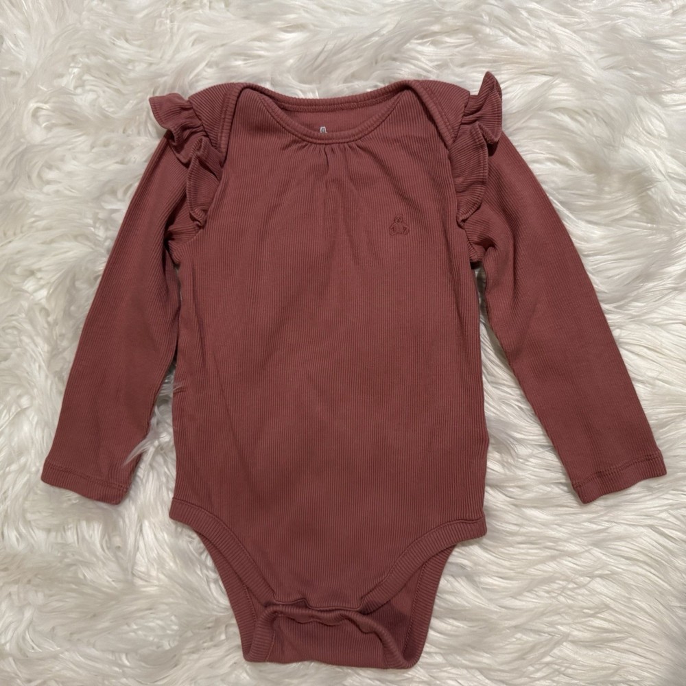 Baby Gap Bodysuit Girls 18-24 Months Pink Ribbed Ruffle Long Sleeve EUC