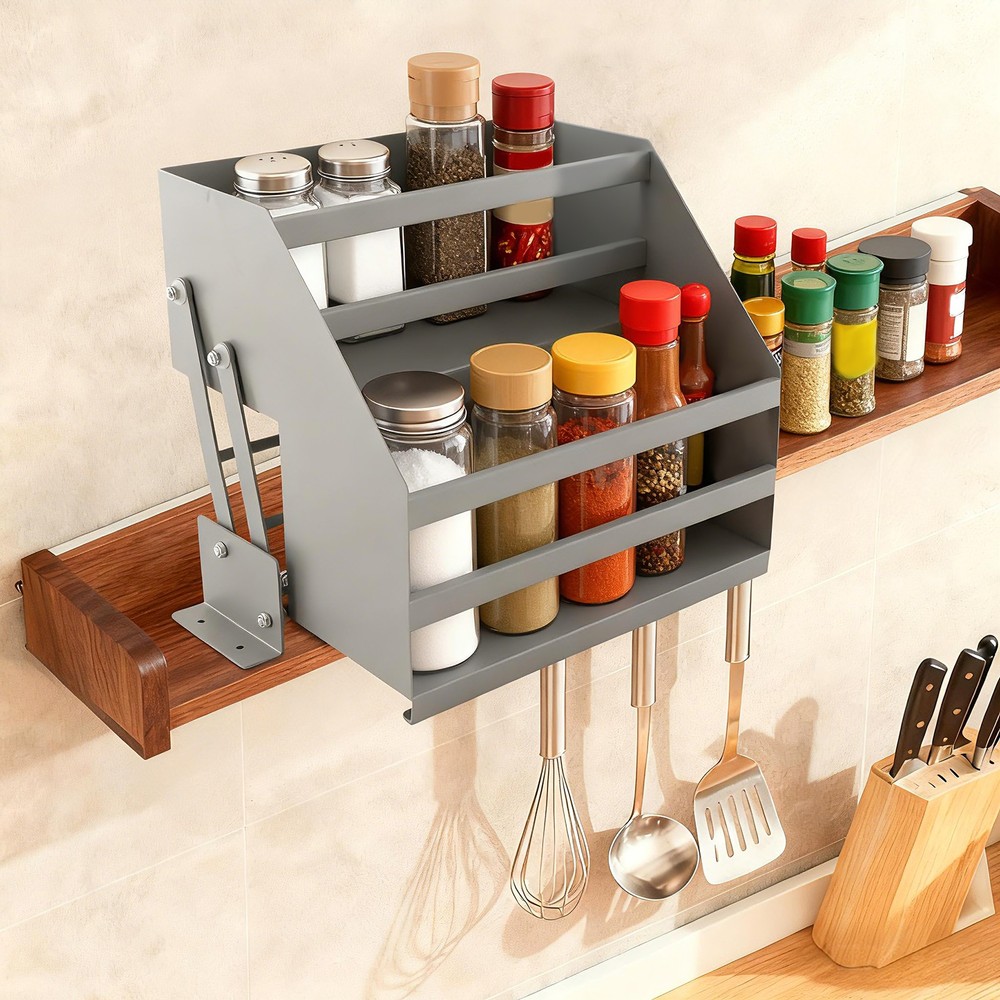 2 Tier Pull Down Cabinet Organizer Pull-Out Cabinet Wall Shelf Spice Dishes Rack