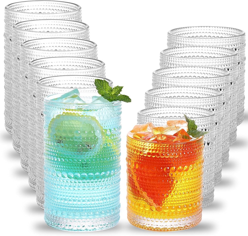 Hobnail Drinking Glasses Set of 12, 12 Oz Highball Glasses & 10 Oz Cocktail Glas