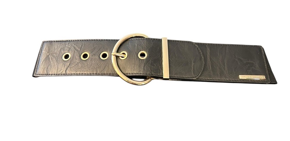 Adrienne vittadini Wide Statement Belt Large Round Buckle Black Golden Women S/M