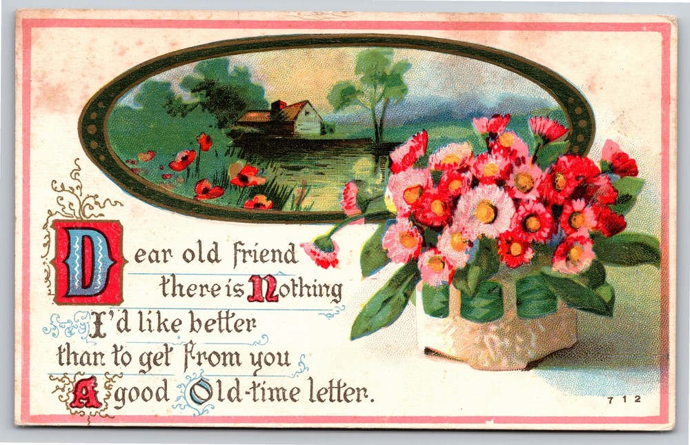 Greetings~Dear Old Friend~Red Flowers & House & Lake Scene~PM 1912~Emb~Postcard