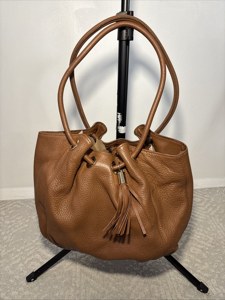 Michael Kors Tan Astor Large Ring Tote Bag Hobo Purse Pebbled Leather