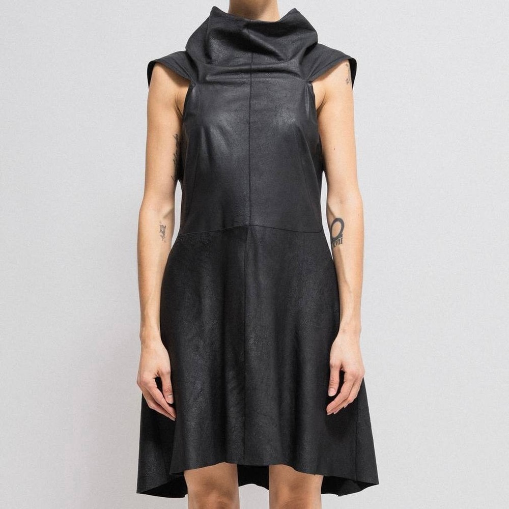 Rick Owens Black Lambskin Leather Dress Women EU 42 Sleeveless Avant-Garde