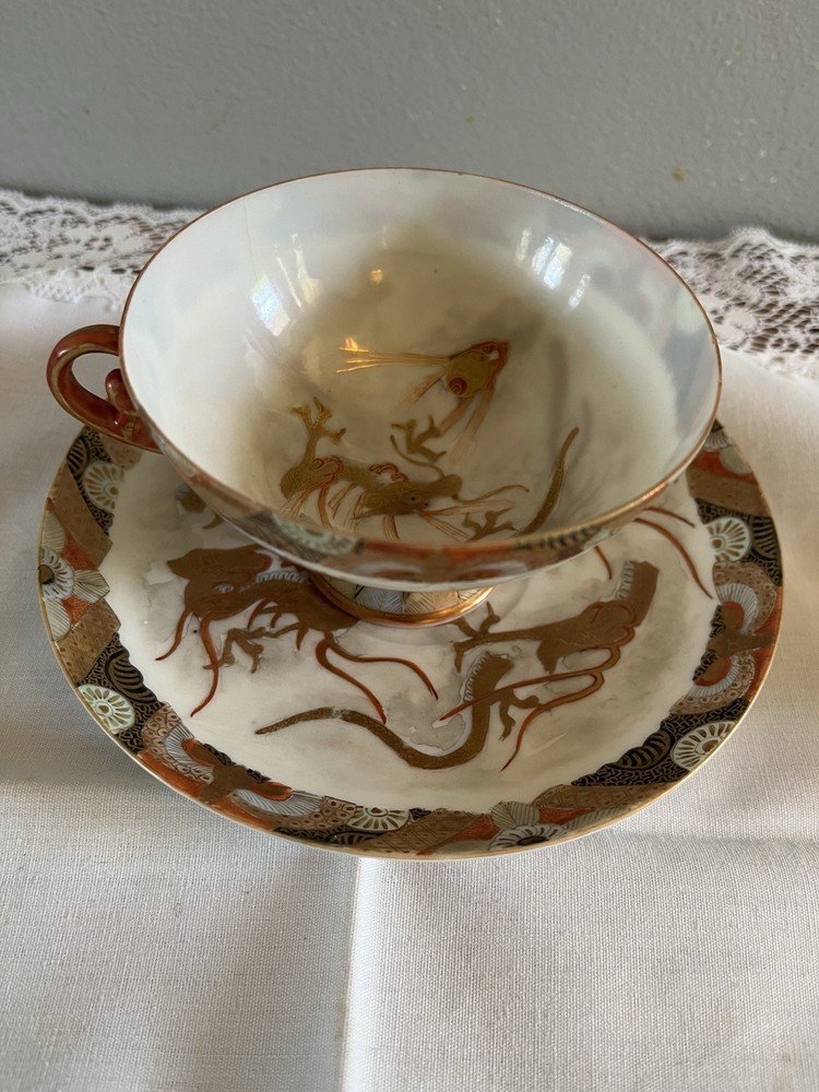 Vintage Asian Japanese? Teacup and Saucer Dragons Unique Handle