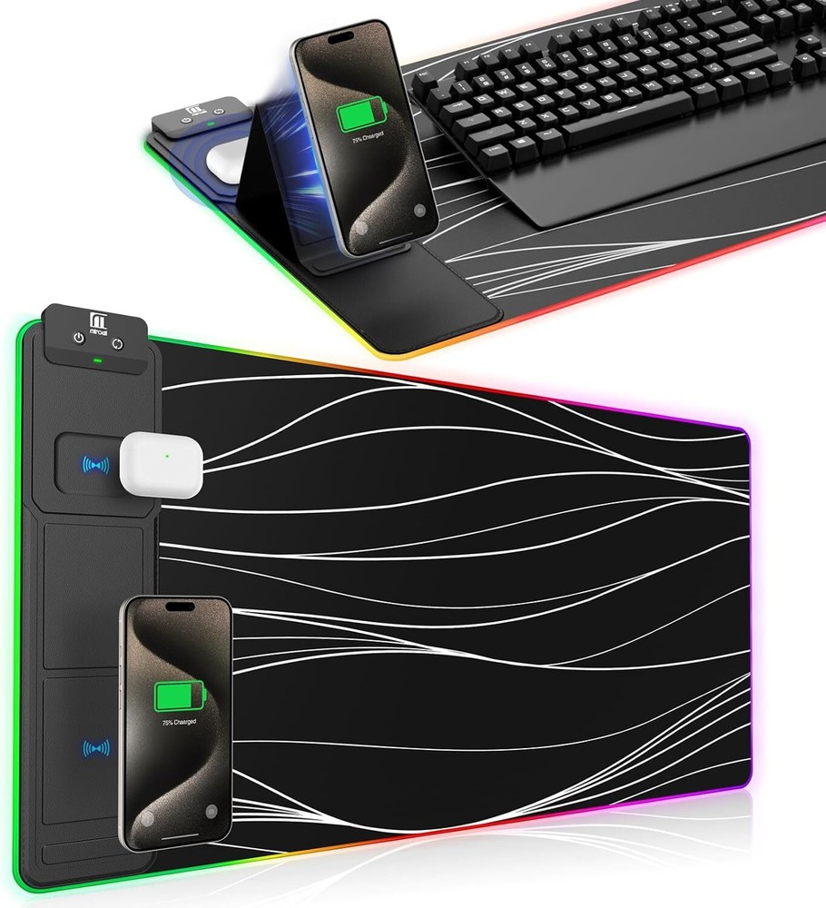 XXL RGB LED Desk Mat with Phone Holder and 15W Fast Charging