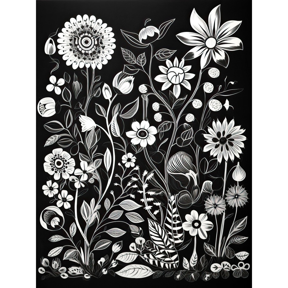 Black and White Wild Flower Contour Pattern Huge Wall Art Poster Print Giant