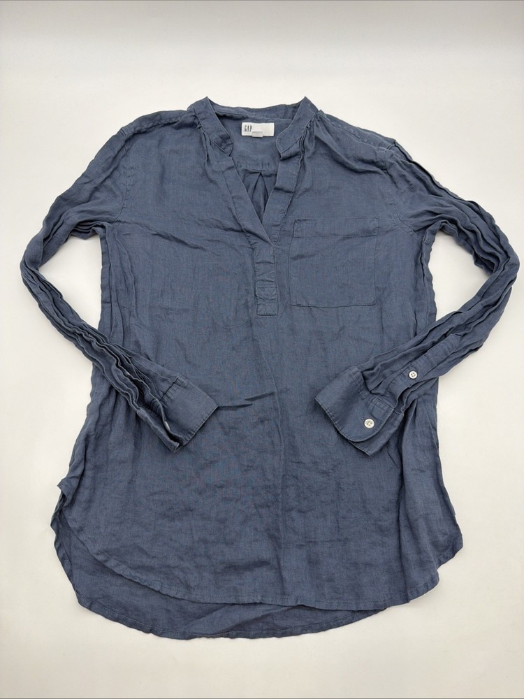 Gap 100% Linen Blouse Long Sleeve Women M Gray Pocket V-Neck .#44153