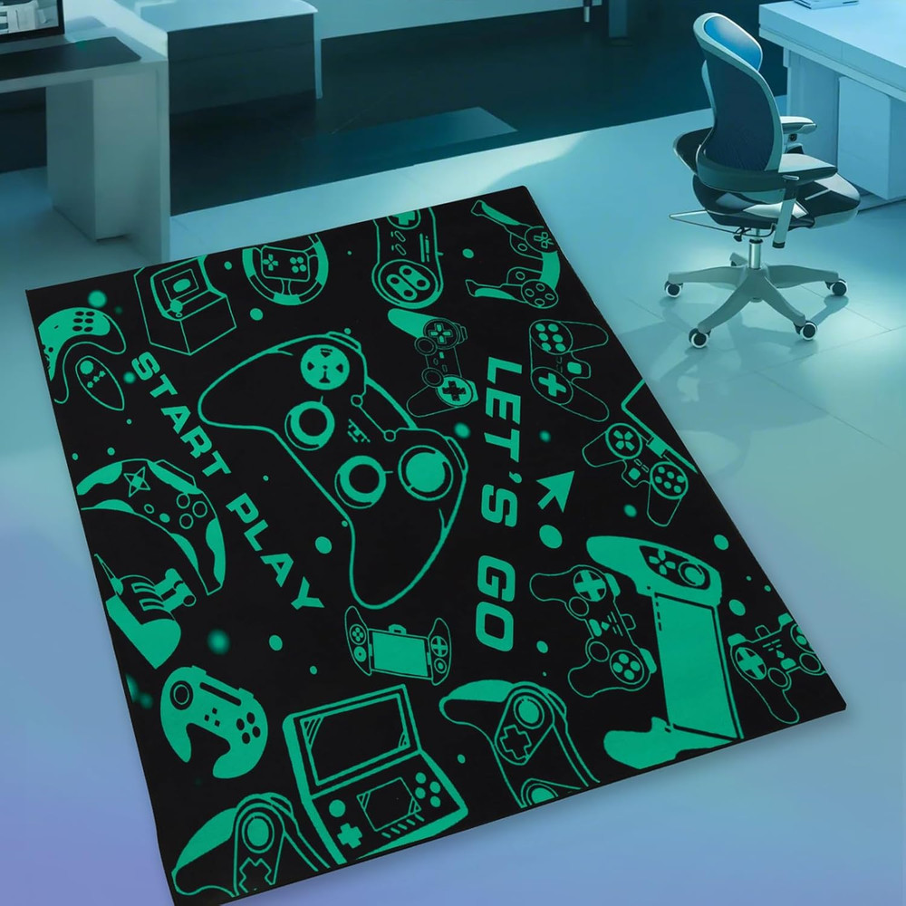 Cool Green Gaming Area Rug for Kids Boys Room Bedroom Decor, Gamepad Controller