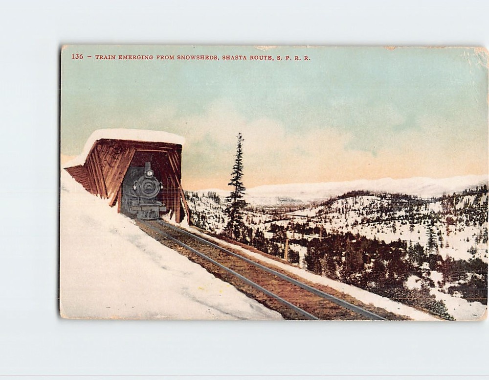 Postcard Train Emerging From Snowsheds Shasta Route SPRR USA